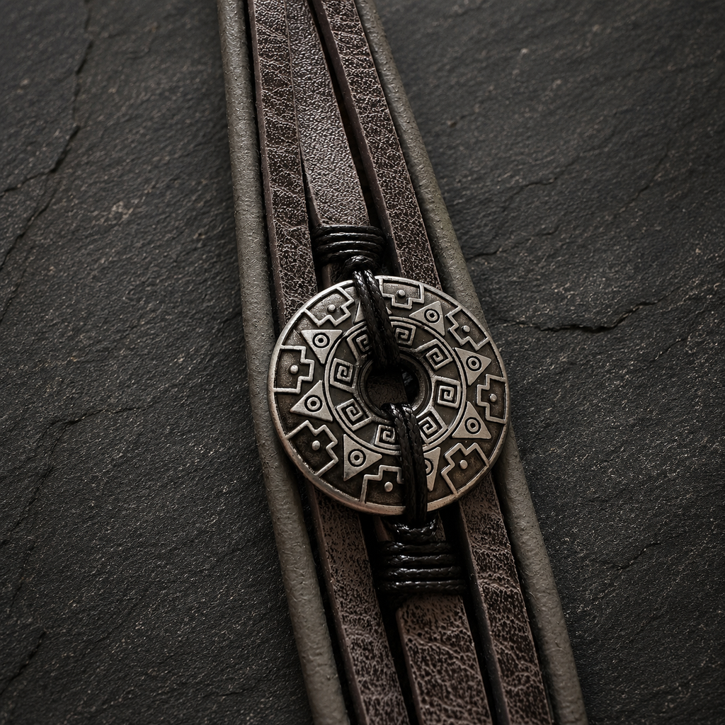 Close-up of grey multi-strand bracelet featuring a silver-tone patterned disc.
