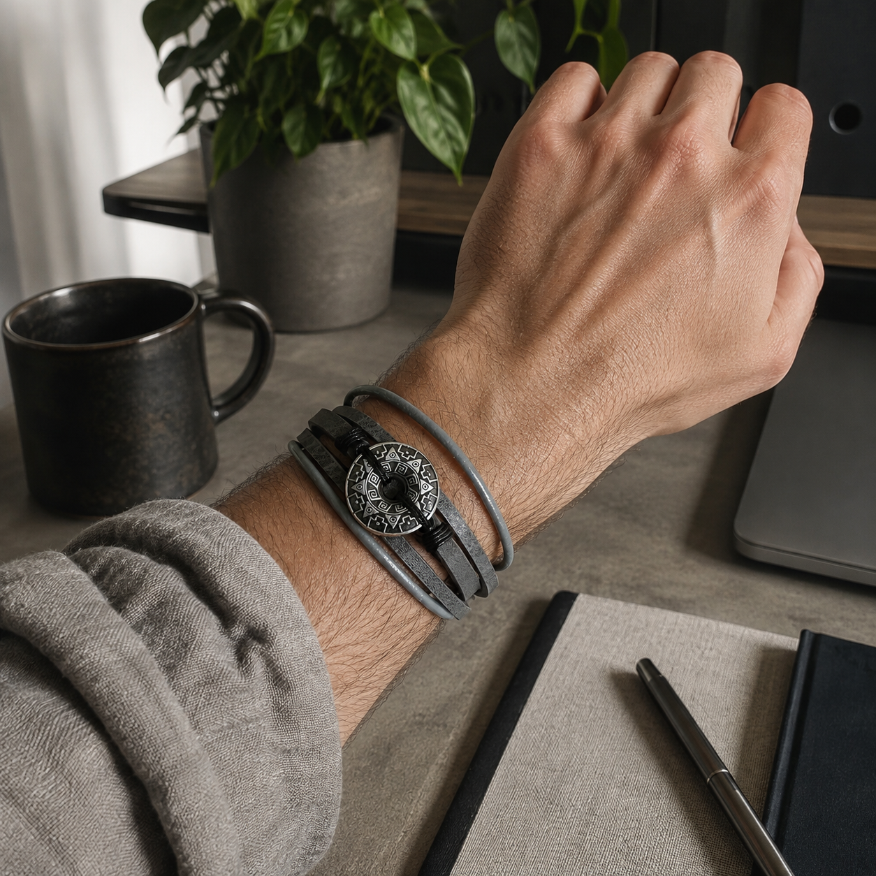 Grey multi-strand bracelet with silver-tone patterned disc worn on wrist.
