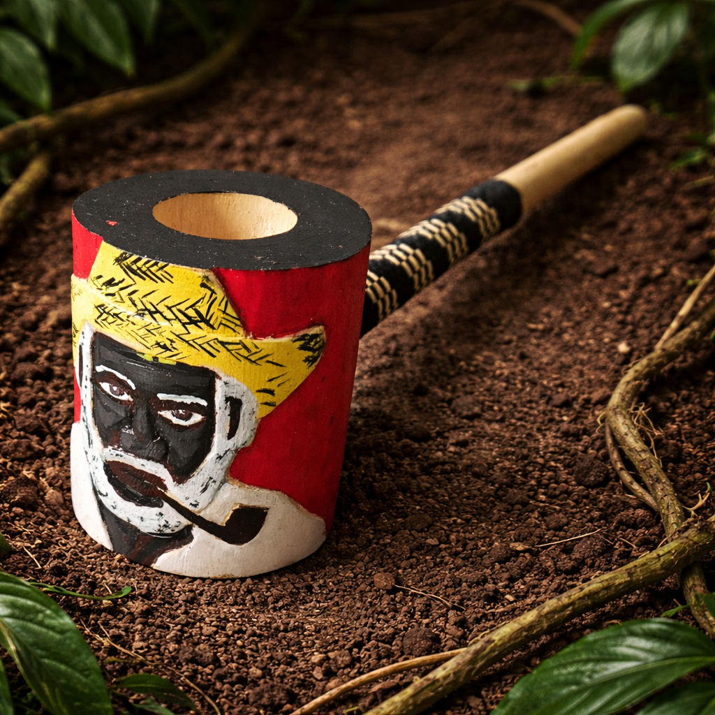 Hand-painted wooden pipe with a red, yellow and black decorative face design