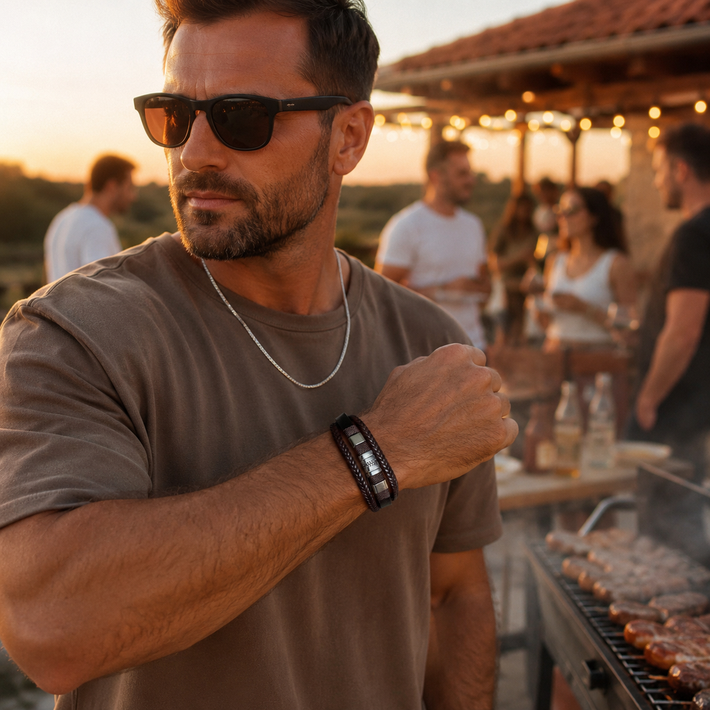 Man wearing a handcrafted dark brown leather bracelet at an outdoor barbecue gathering.