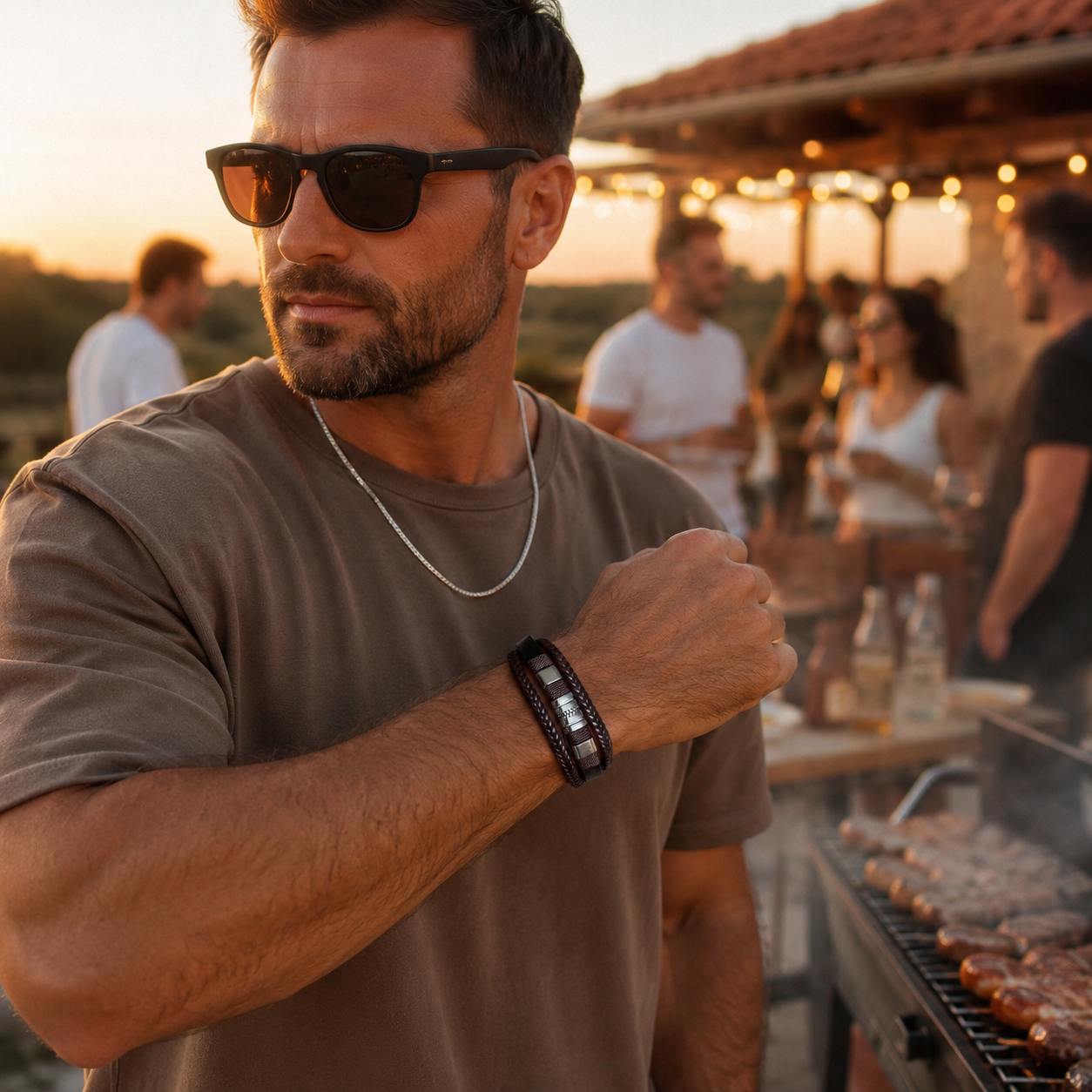 Man wearing a handcrafted dark brown leather bracelet at an outdoor barbecue gathering.