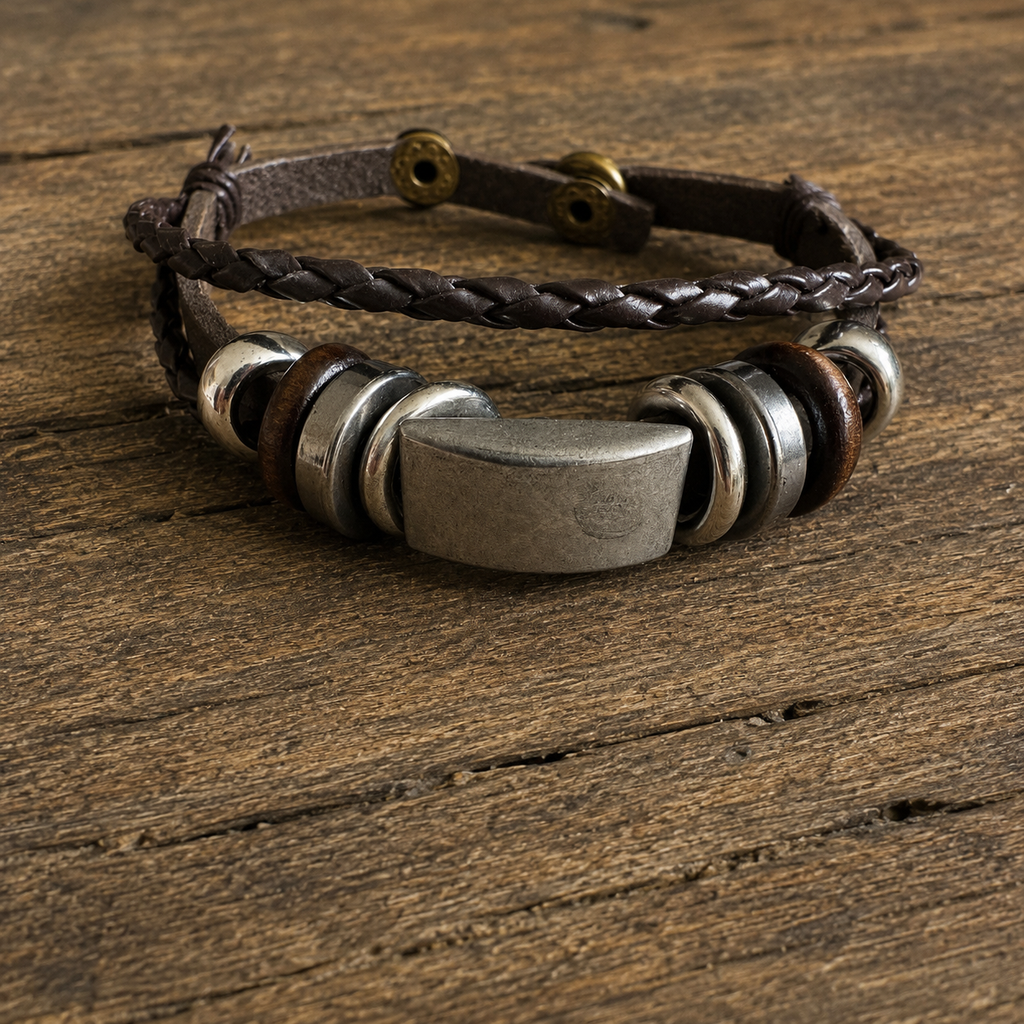 Handcrafted dark brown braided leather bracelet with metallic accents displayed on a wooden surface.