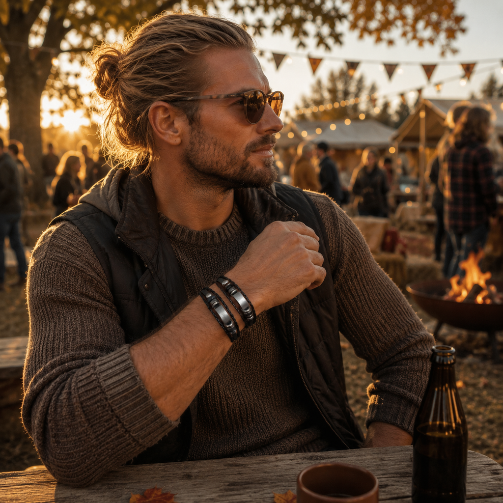 Man wearing a handcrafted adjustable leather bracelet with metallic accents at an outdoor gathering.