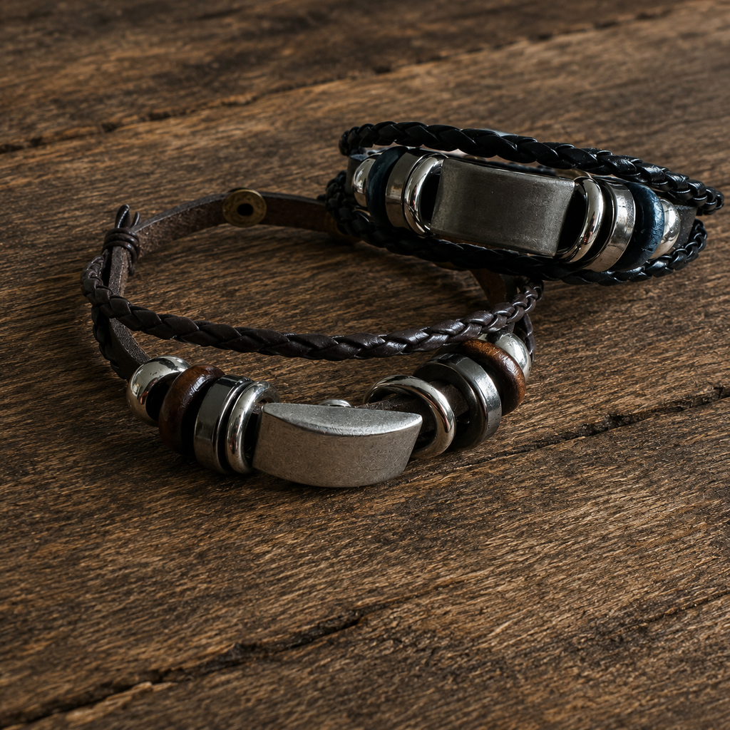 Handcrafted adjustable leather bracelets in dark brown and navy black with metallic accents on a wooden surface.