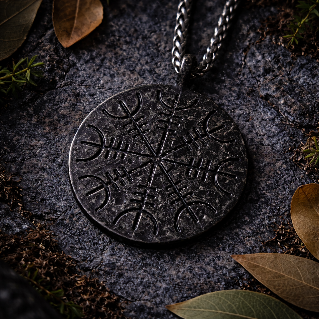 Close-up of the Helm of Awe Runes symbol on the reverse side of a dark-metal round pendant necklace