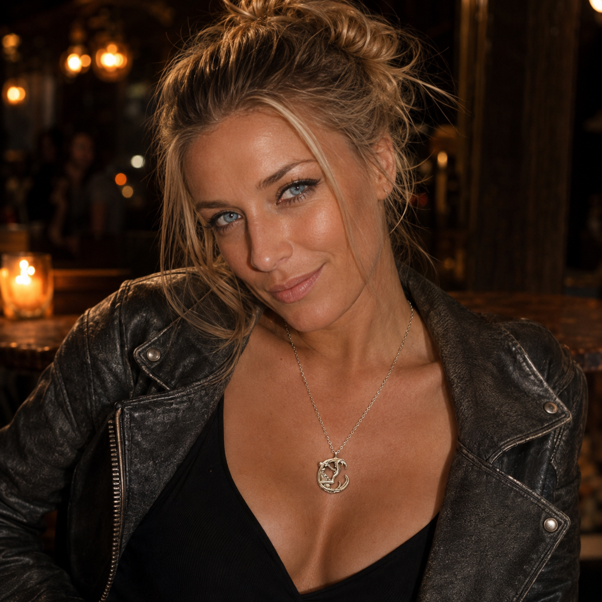 A woman with blonde hair in a messy bun wearing a black leather jacket and a silver crescent moon lunar inspired pendant necklace, photographed in a dimly lit bar setting.