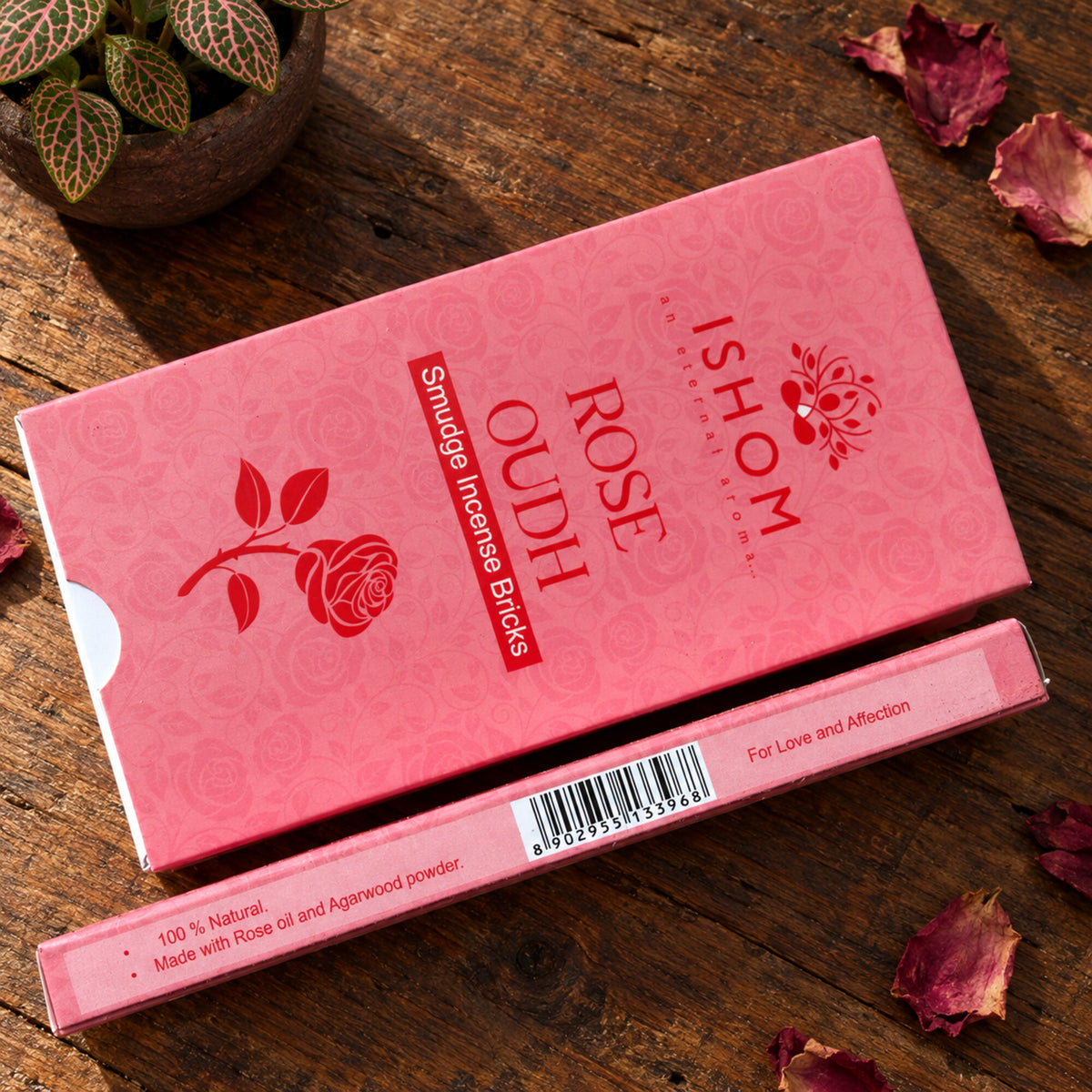 ISHOM Rose Oudh smudge incense packaging made with rose oil and agarwood powder