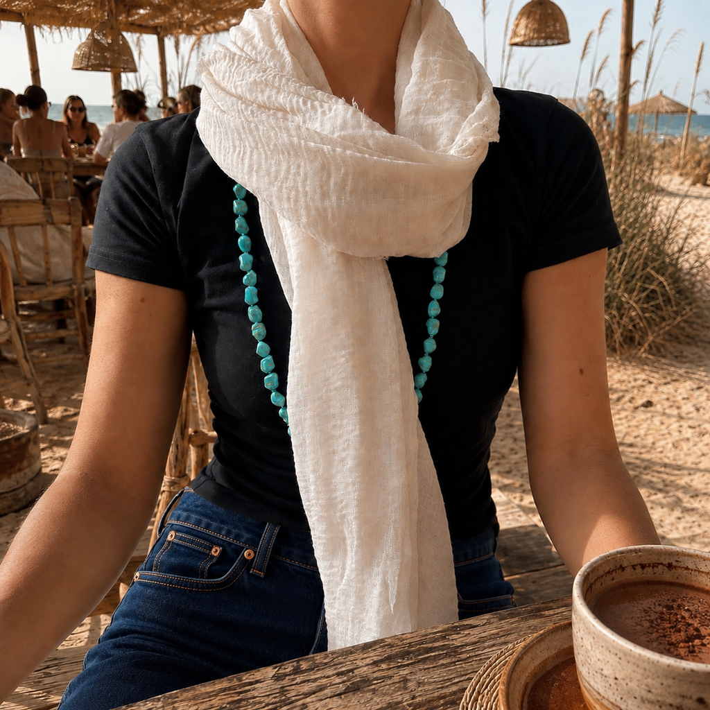 Ivory lightweight scarf styled as a layered neck wrap with casual beach clothing.