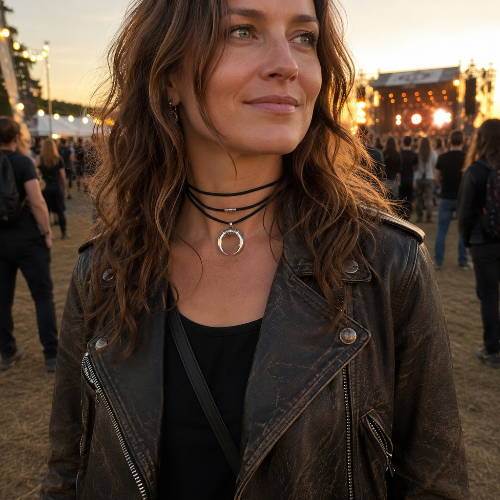 A woman at an outdoor festival wearing a distressed black leather moto jacket, a black top, and layered black choker necklaces with silver-toned metal accents, including a crescent moon pendant.