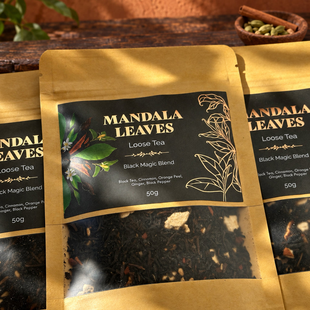 Mandala Leaves Black Magic Blend spiced black tea 50g pouch with cinnamon, cardamom and orange peel