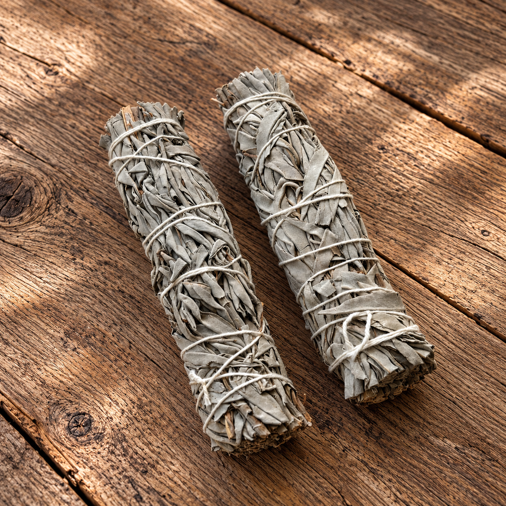 Two dried natural white sage smudge bundles displayed on a rustic wooden background
