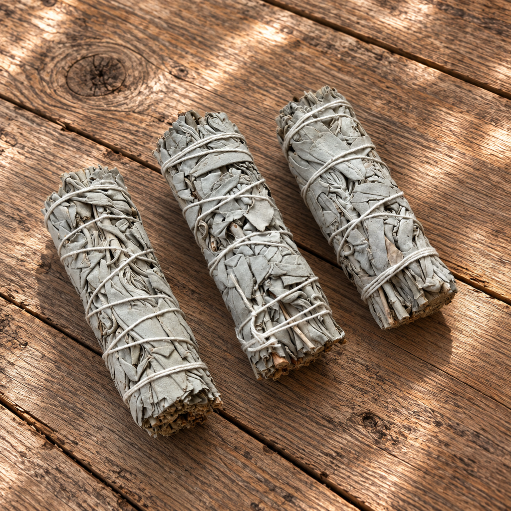 Three natural Salvia apiana white sage bundles showing dried leaves and cord wrapping