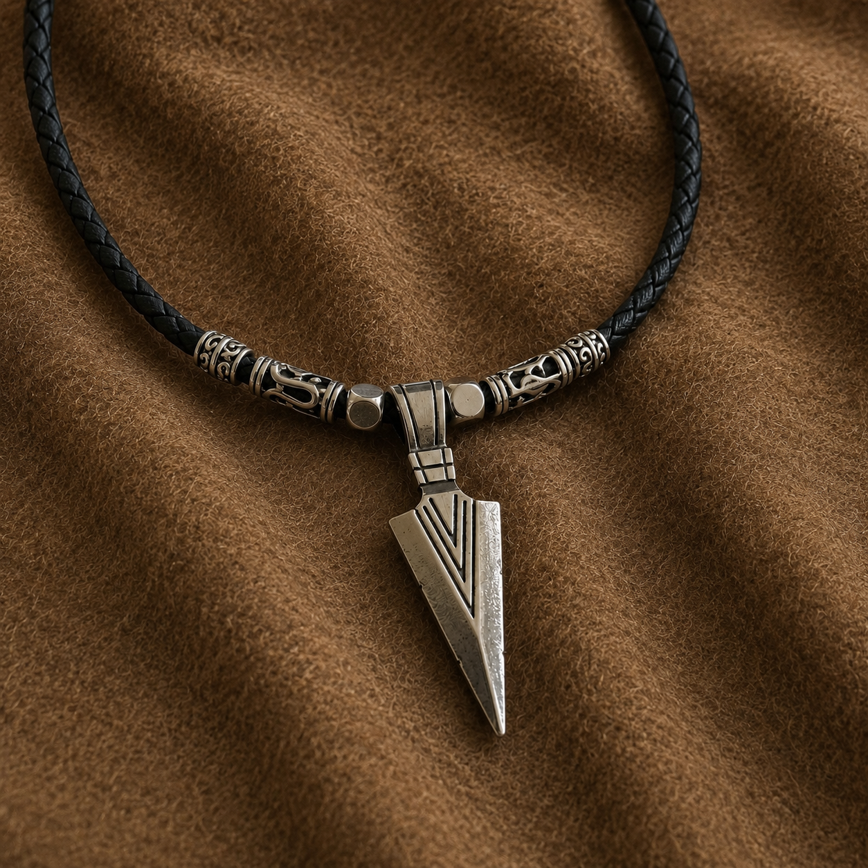 A close-up of a braided black cord necklace with a silver-toned arrowhead pendant and decorative metal beads, laid on a brown textured fabric background.