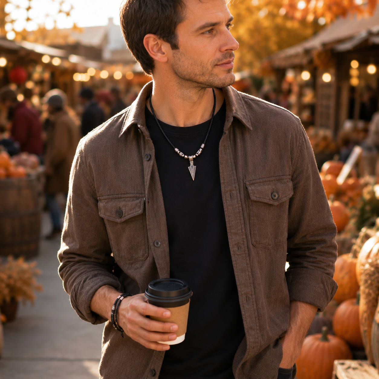 A man wearing a brown button-up overshirt over a black t-shirt, accessorized with a silver tone arrow necklace, walking in an outdoor autumn market while holding a coffee cup.