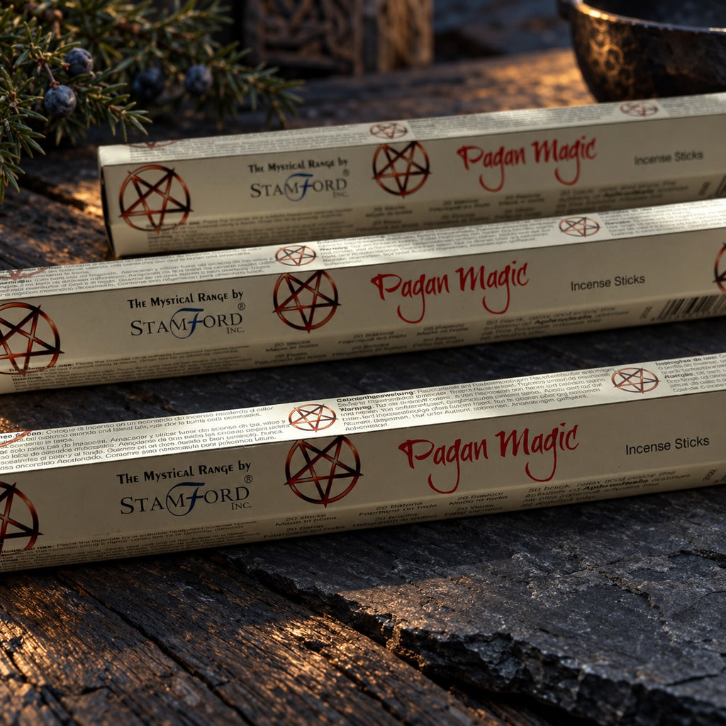 Close-up of Stamford Pagan Magic incense stick packaging from the Mystical Collection with pentagram artwork.