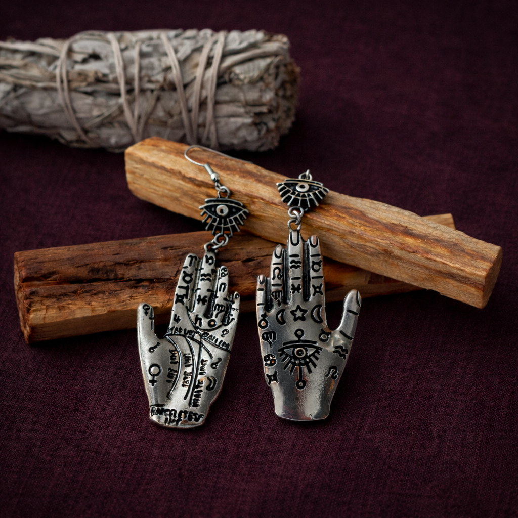 Pair of Palm of Symbols drop earrings with eye charms and engraved palm-shaped pendants, displayed on dark fabric, next to palo santo wood sticks and white sage smudge