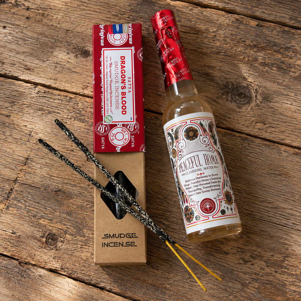 Soul Sticks Peaceful Home Cleansing Water with Satya Dragon’s Blood Smudge Incense Sticks arranged on a rustic wooden surface.
