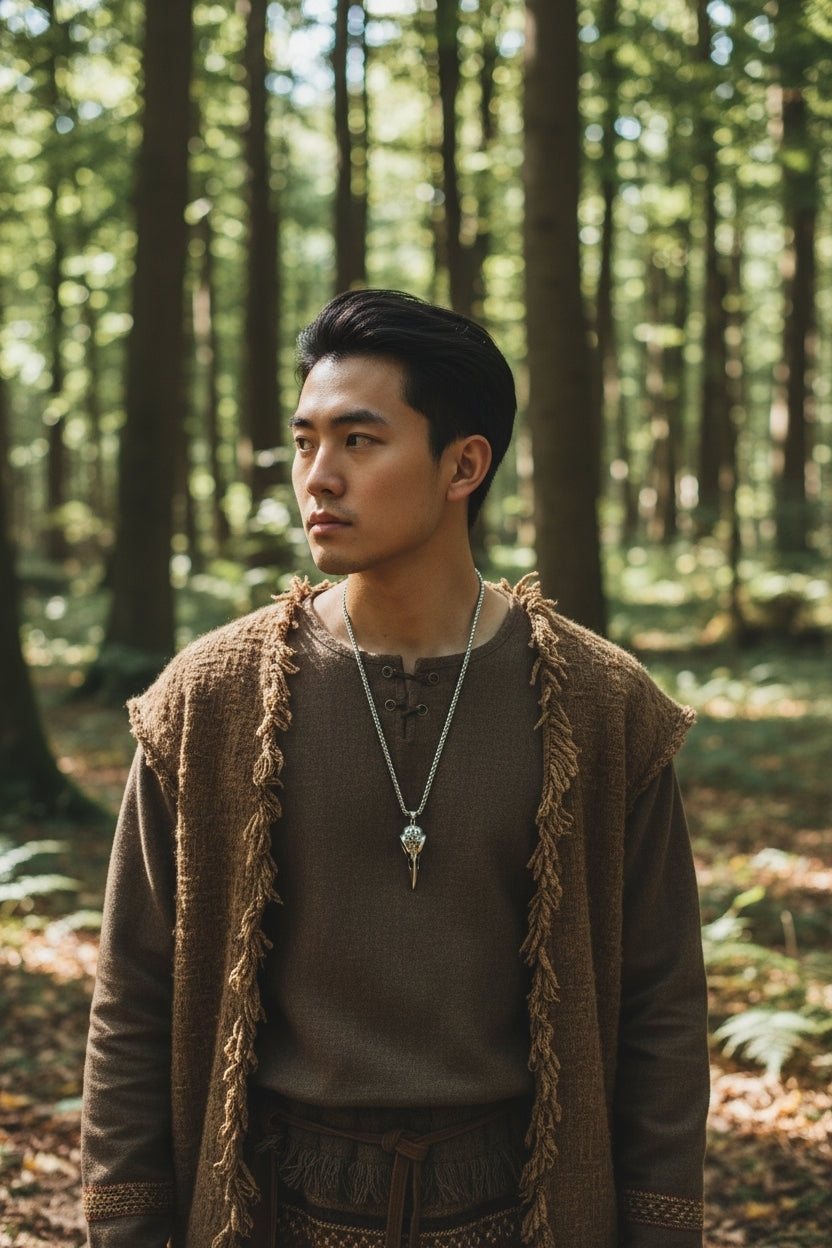 Model wearing a silver-tone raven skull pendant necklace with a Vegvisir-style symbol