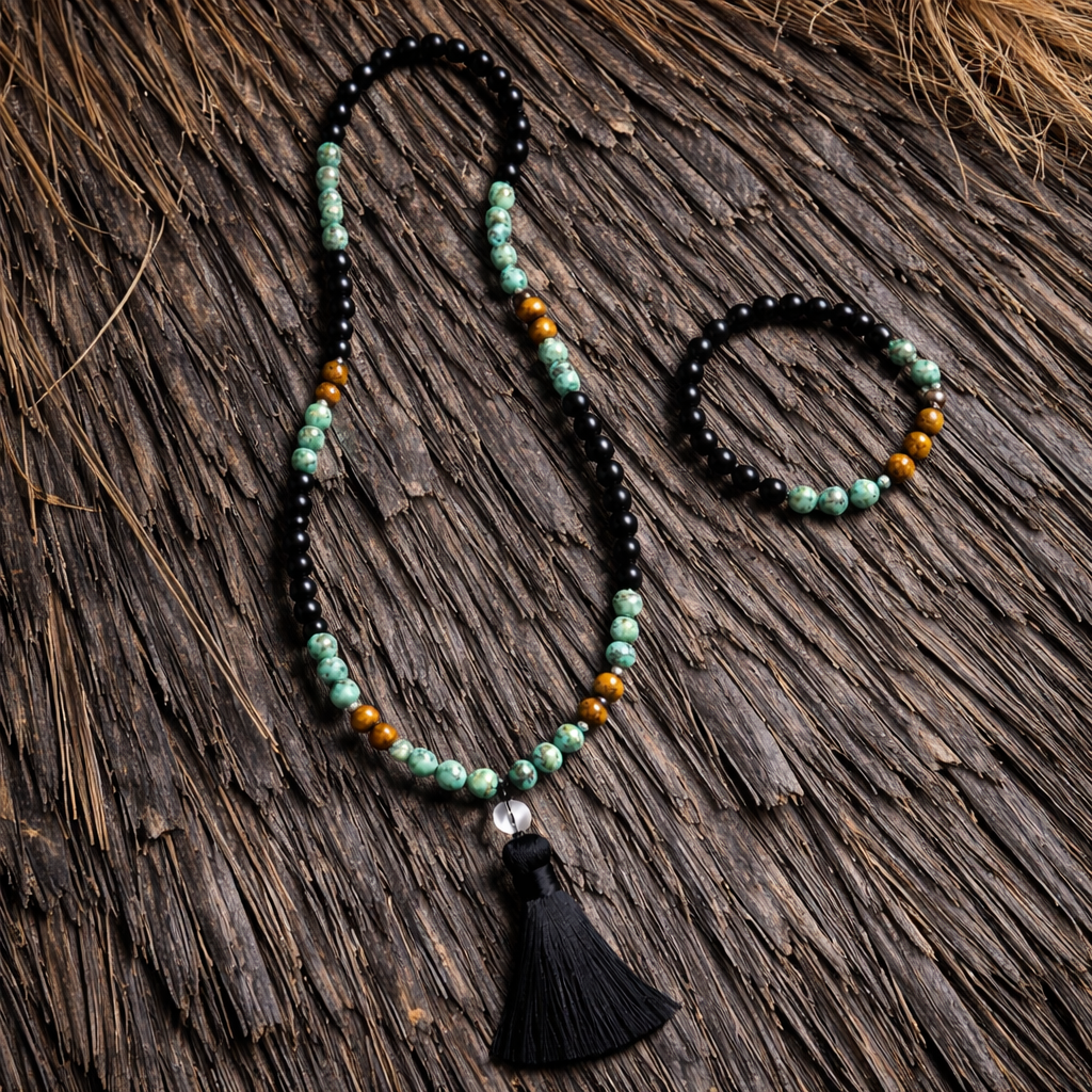 Boho earth bead necklace and bracelet set with tassel on rustic wooden background