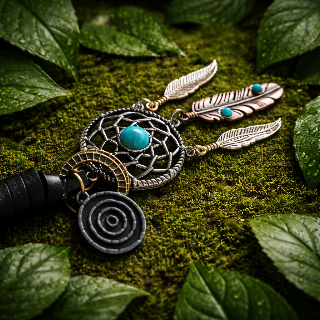 Boho turkio spalvos sapnų gaudyklės pakabukas