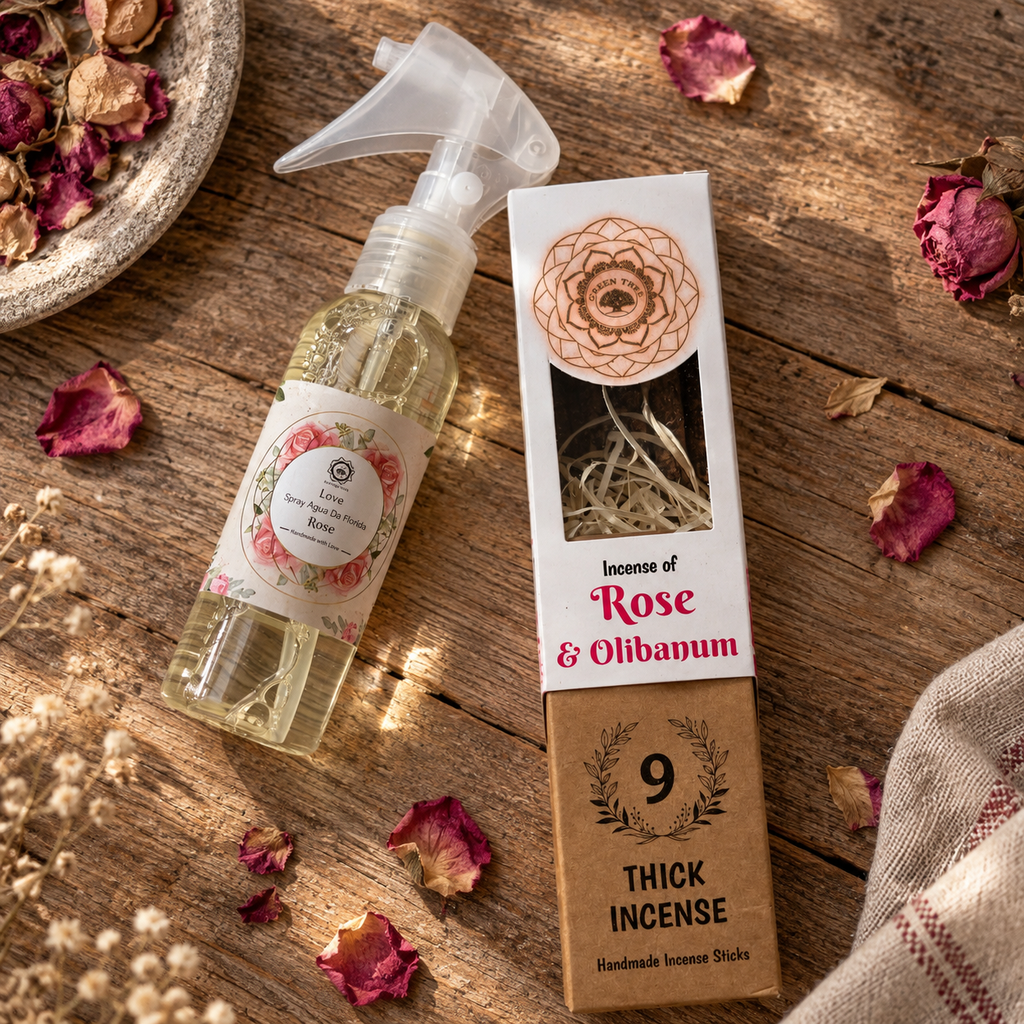 Green Tree Rose Florida Water spray with Rose and Olibanum thick incense sticks styled with dried rose petals.