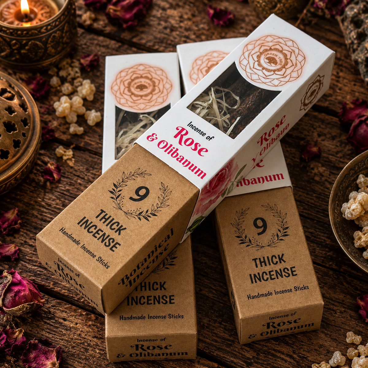 Rose and Olibanum handmade thick incense sticks in decorative packaging styled with dried rose petals and aromatic resin.