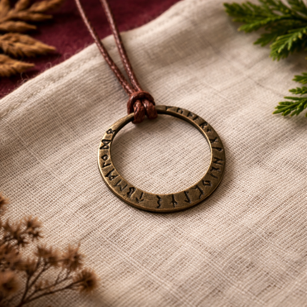 Close-up of an antique-brass-tone circle pendant engraved with rune-style symbols on a brown cord necklace