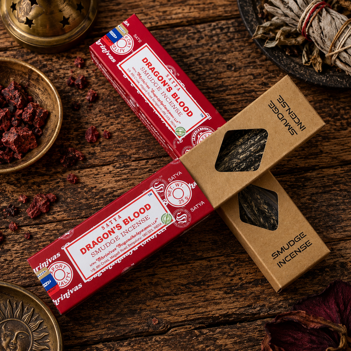 Satya Dragon’s Blood Smudge Incense Sticks 25g displayed on rustic wood with dried botanicals, resin and ritual-inspired accessories