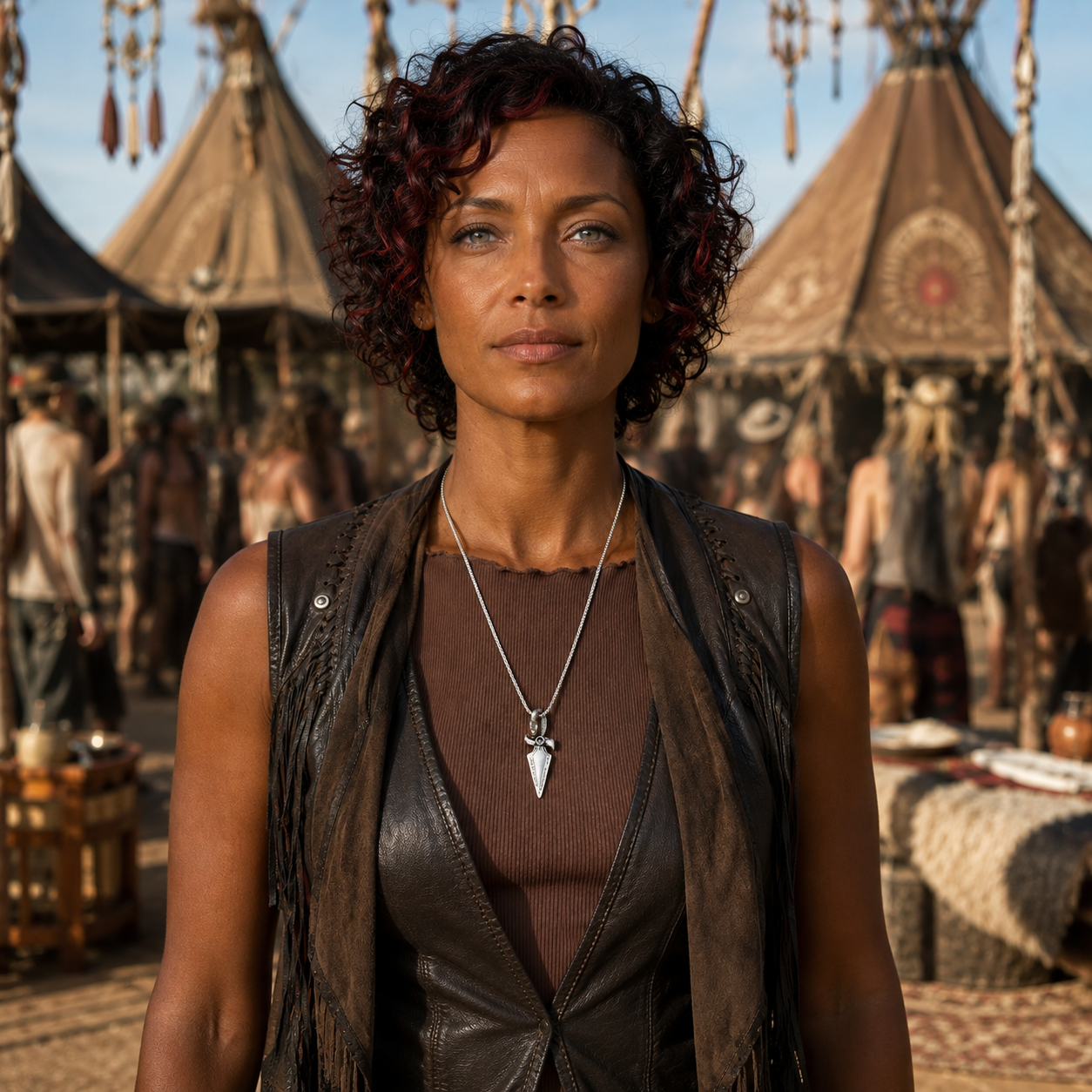 Woman wearing a stainless steel serpent and dagger pendant necklace at an outdoor bohemian festival.
