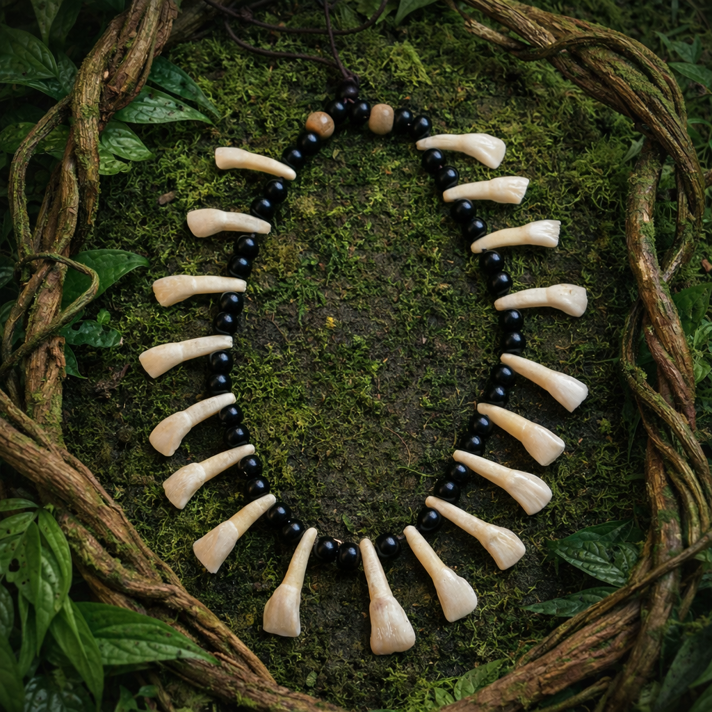 Tribal Handmade bovine bone tribal necklace. Full view of the Shaman Bone Necklace with layered bone pendants, black beads and dark cord.
