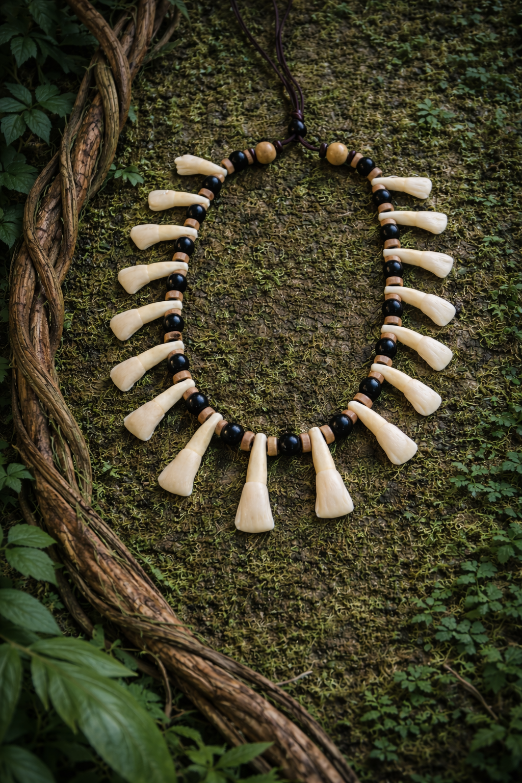 Shaman Bone Necklace with cream-coloured bone pendants, black beads and brown spacers, displayed on moss. Handmade Tribal style bovine bone tribal necklace