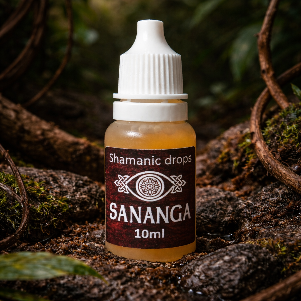 Shamanic Drops Sananga 10 ml bottle displayed on a Brazilian jungle floor
