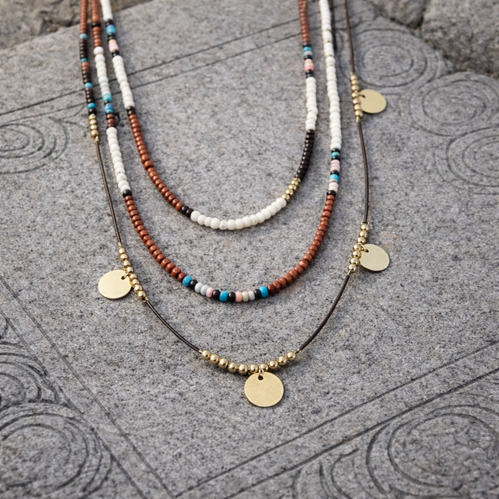 Sidemen Valley Beads layered necklace set with three strands of mixed beads, brown cord and gold-tone disc pendants