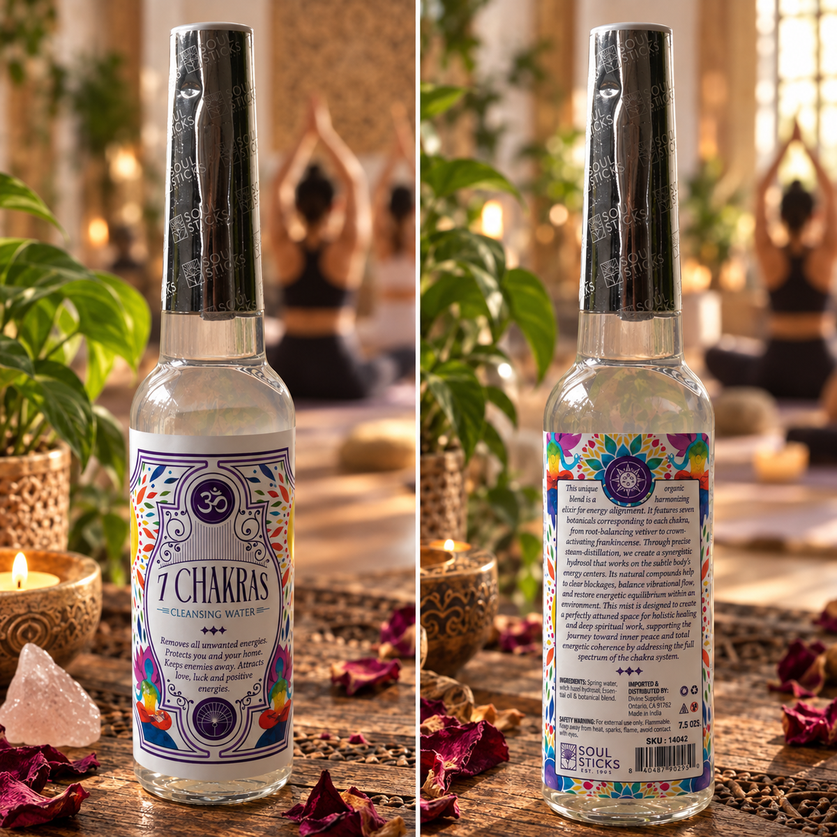 Soul Sticks 7 Chakras Cleansing Water 221 ml shown from the front and back in a warm meditation-inspired setting with candles and crystals