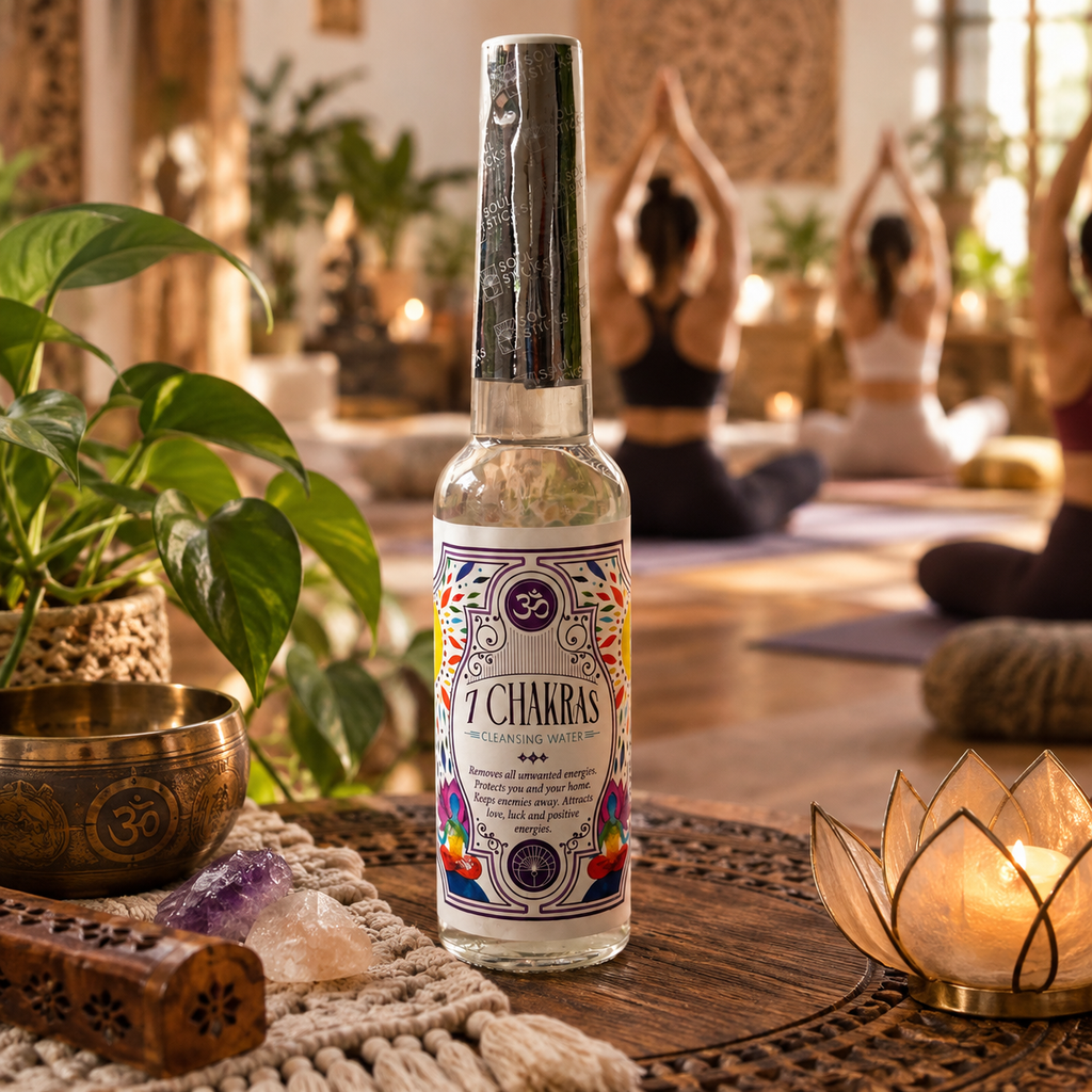 Soul Sticks 7 Chakras Cleansing Water room mist displayed in a yoga and meditation setting with singing bowl, crystals and candlelight