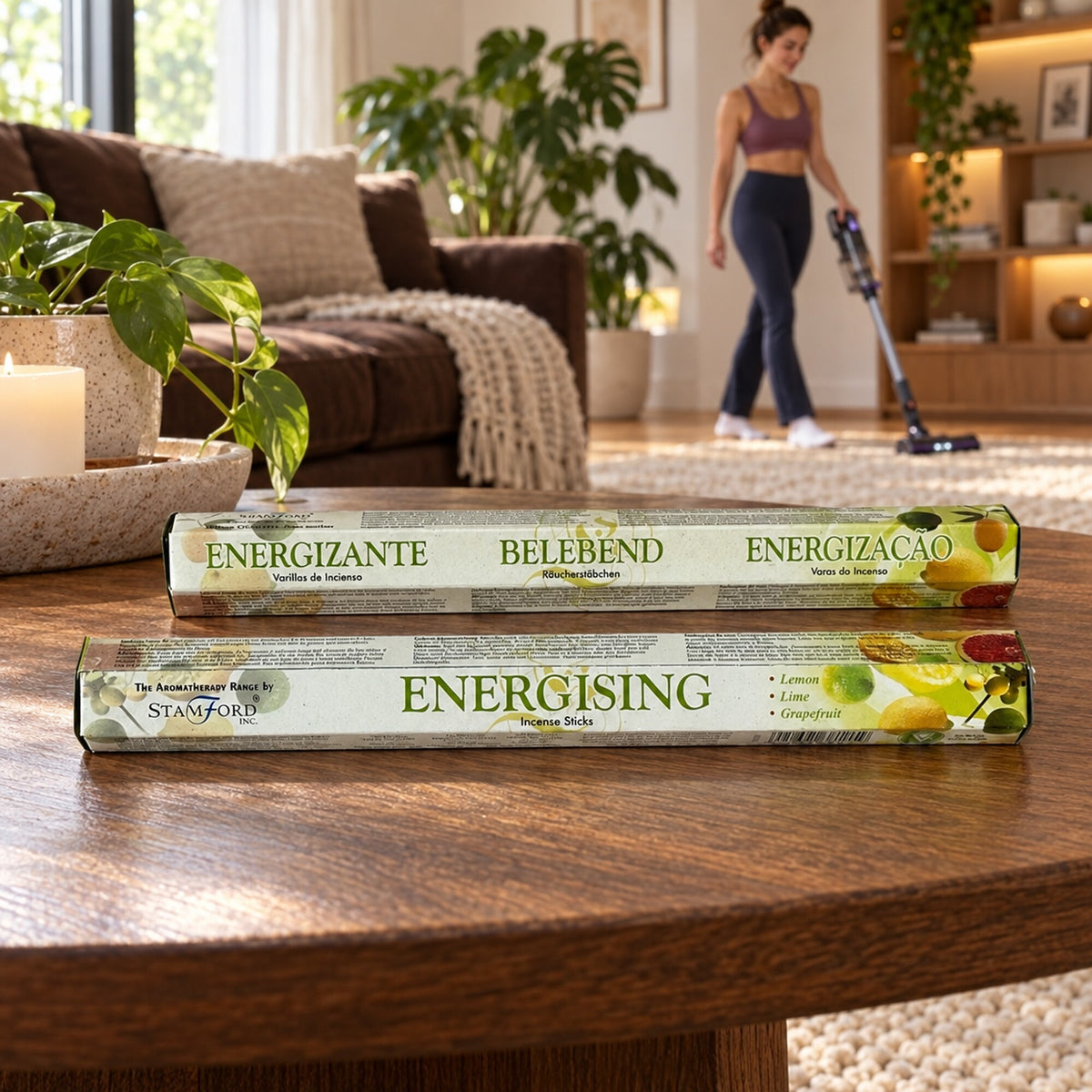 Stamford Energising citrus incense sticks displayed on a wooden table in a bright living room.