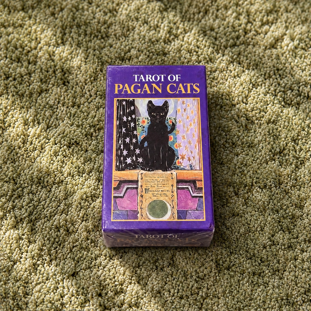 Front view of the Tarot of Pagan Cats 78-card tarot deck box featuring black cat artwork.