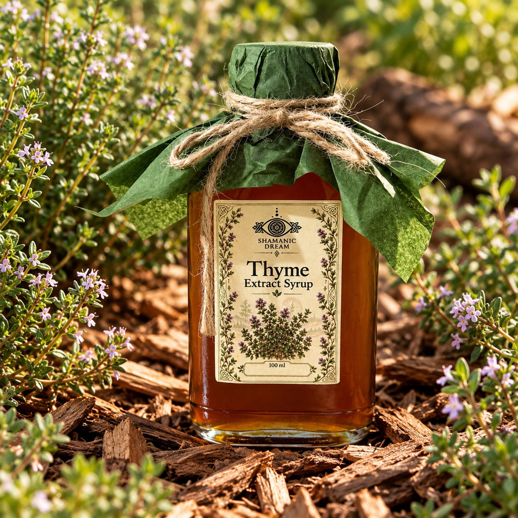 Close-up of Shamanic Dream Thyme Extract Syrup 100 ml bottle with botanical label