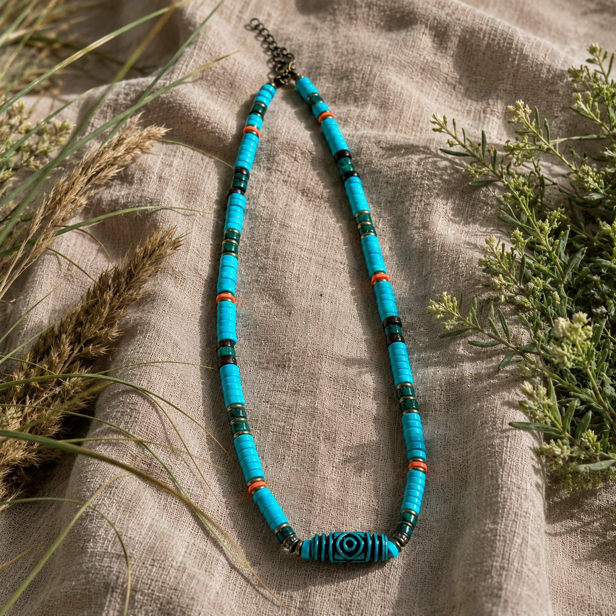 Adjustable tribal coastal beaded necklace displayed on natural linen with coastal grasses and botanical styling.