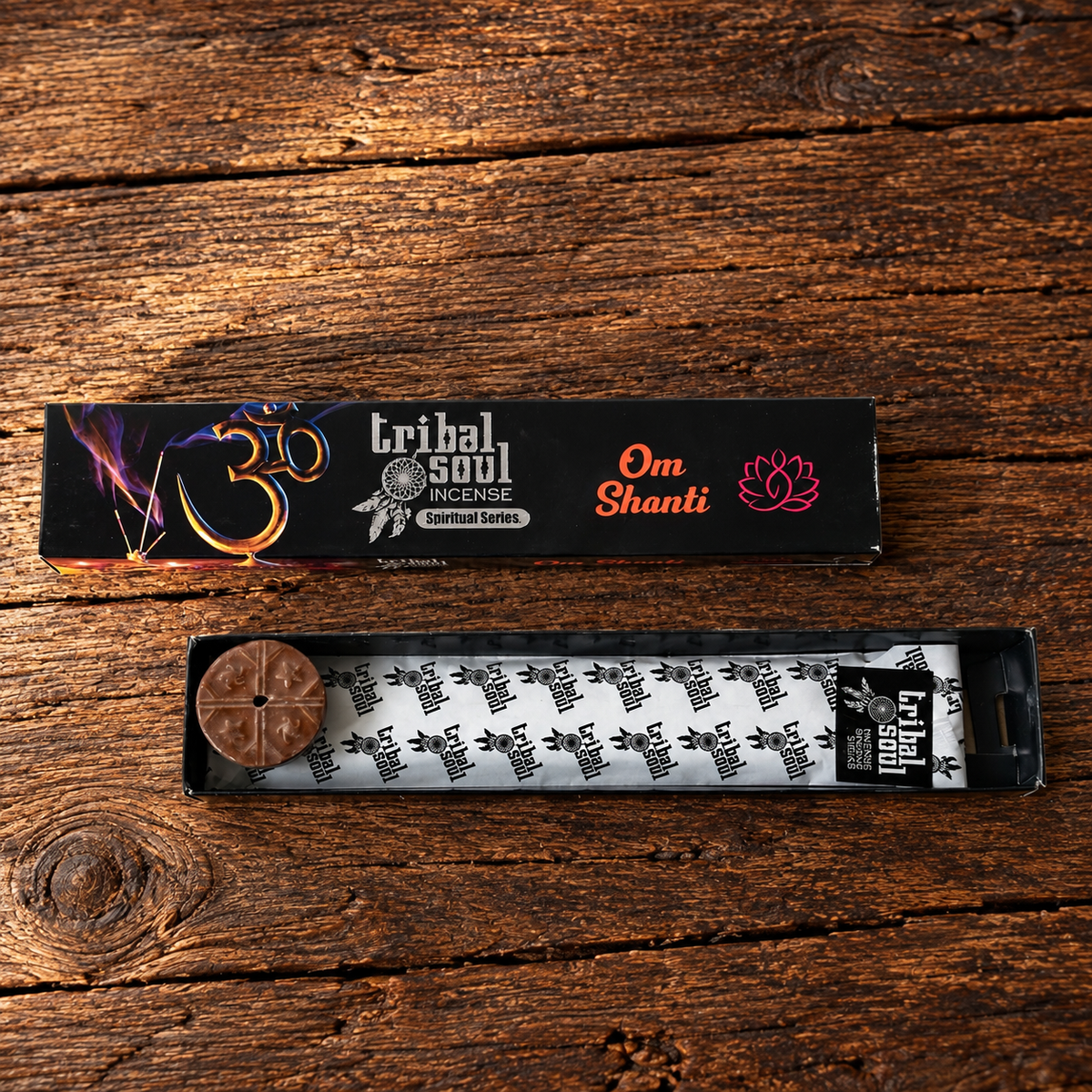 Open Tribal Soul Om Shanti incense box with incense sticks and included ceramic incense holder