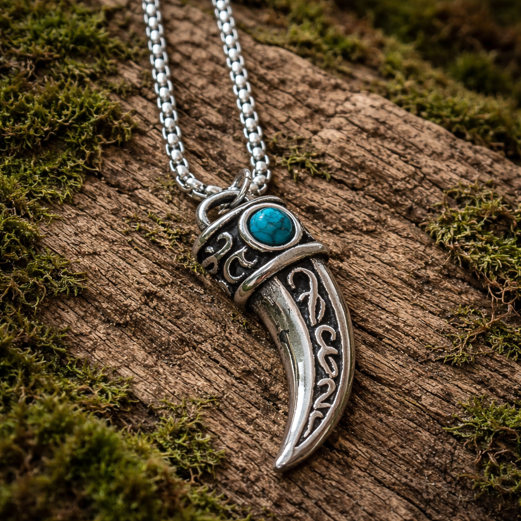 Silver-tone fang pendant necklace with ornamental scrollwork and a turquoise-look cabochon on a curb chain