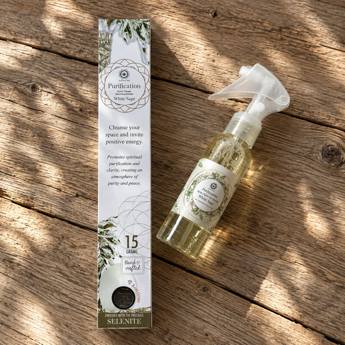 Green Tree White Sage Florida Water Spray with White Sage and Selenite incense on a wooden surface.