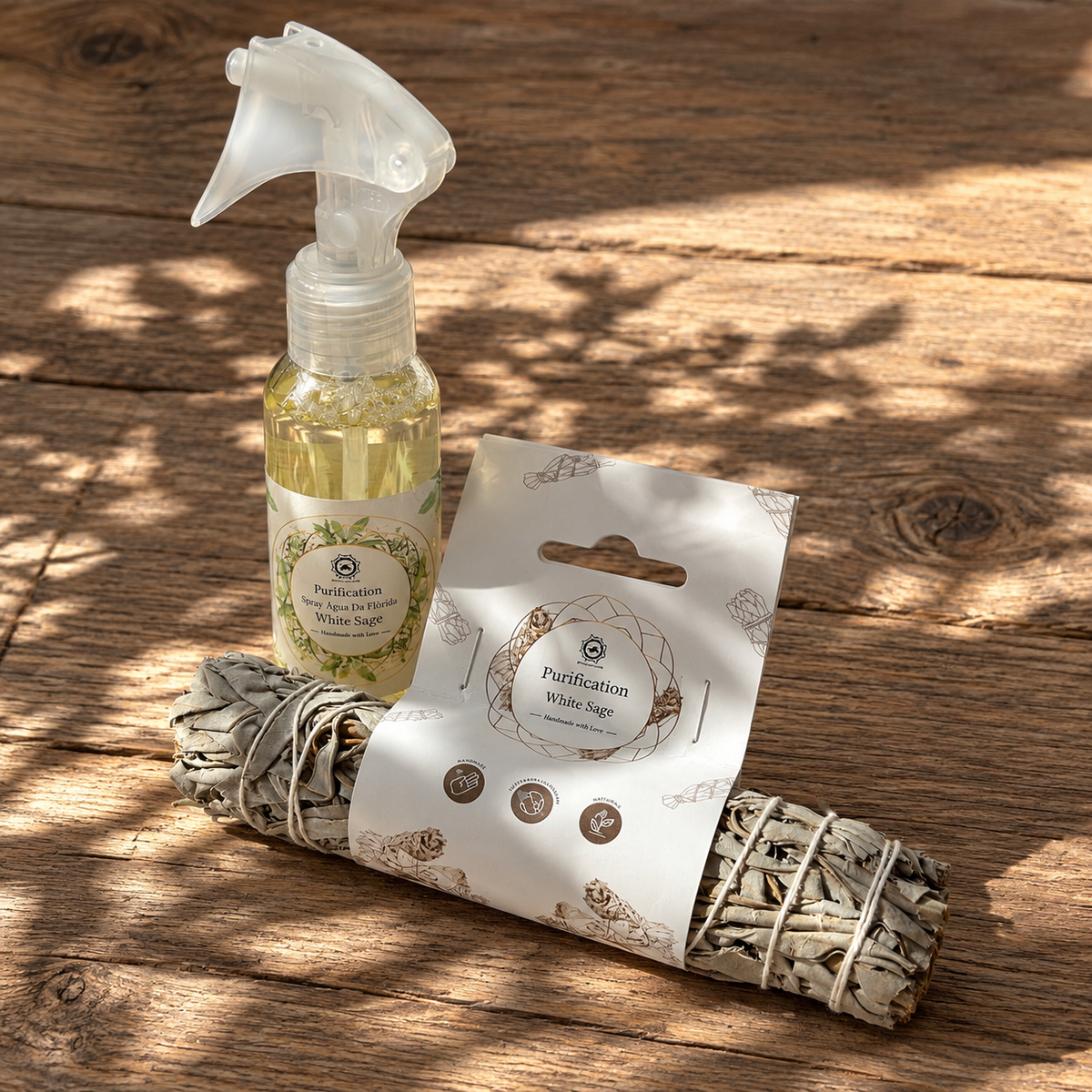 White Sage Florida Water Spray beside a packaged natural white sage smudge stick