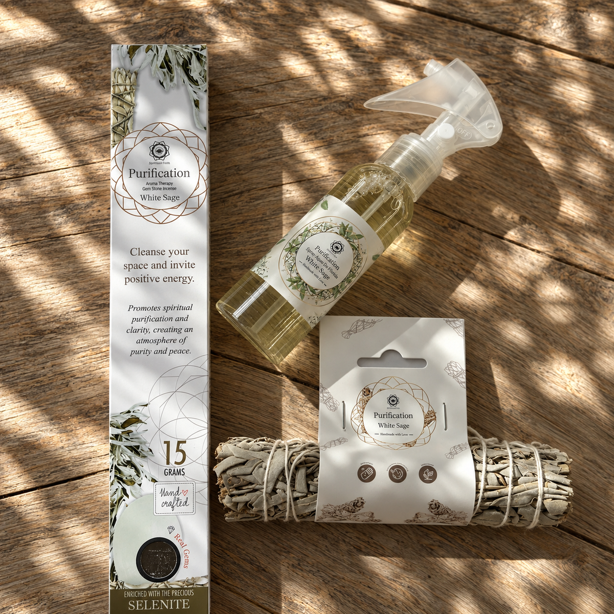 White sage purification set with Florida Water Spray, White Sage and Selenite incense, and natural sage smudge stick.