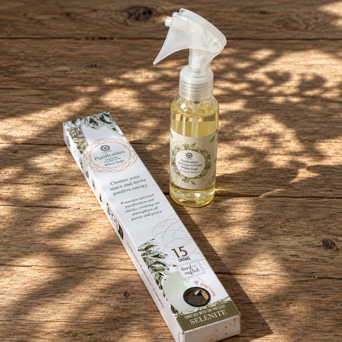 White Sage Florida Water Purification Spray and White Sage Selenite incense displayed together.