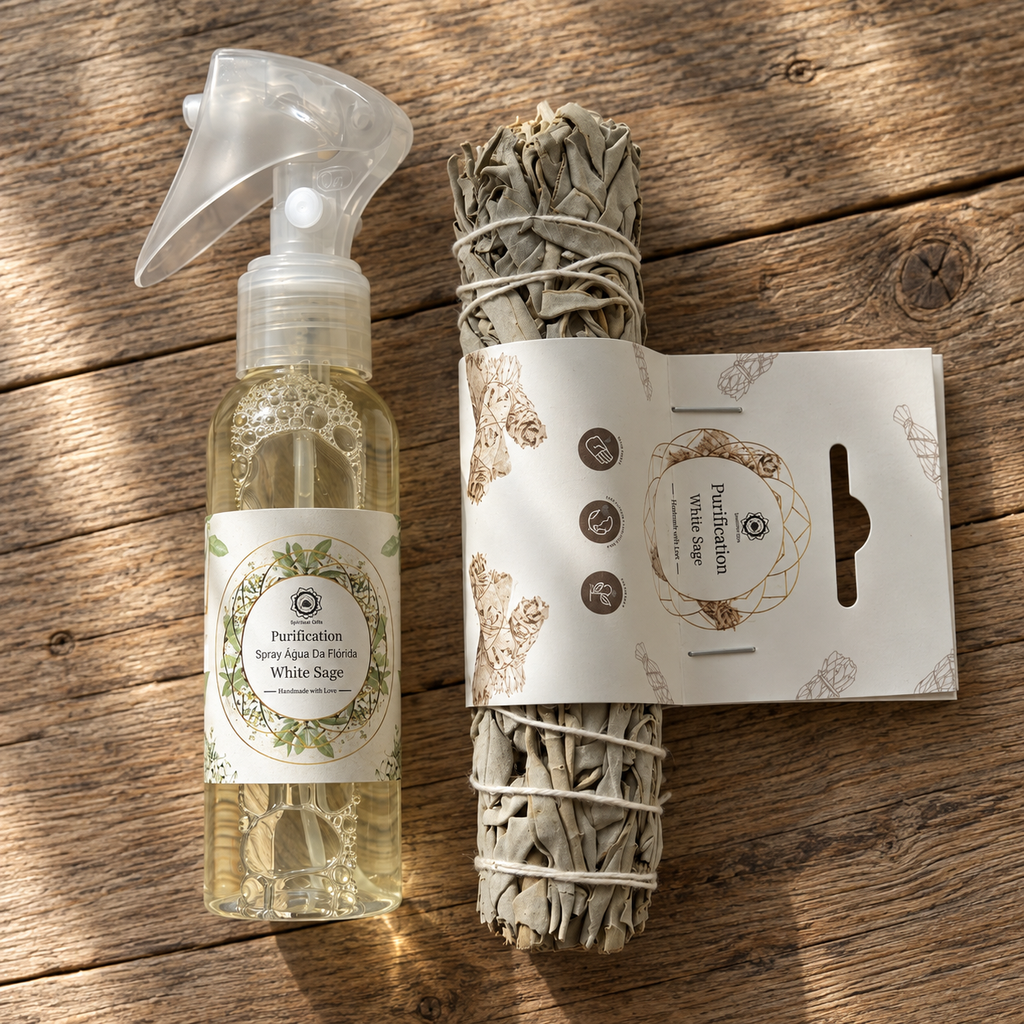 Green Tree White Sage Purification Spray and 15 cm white sage smudge bundle on rustic wood.