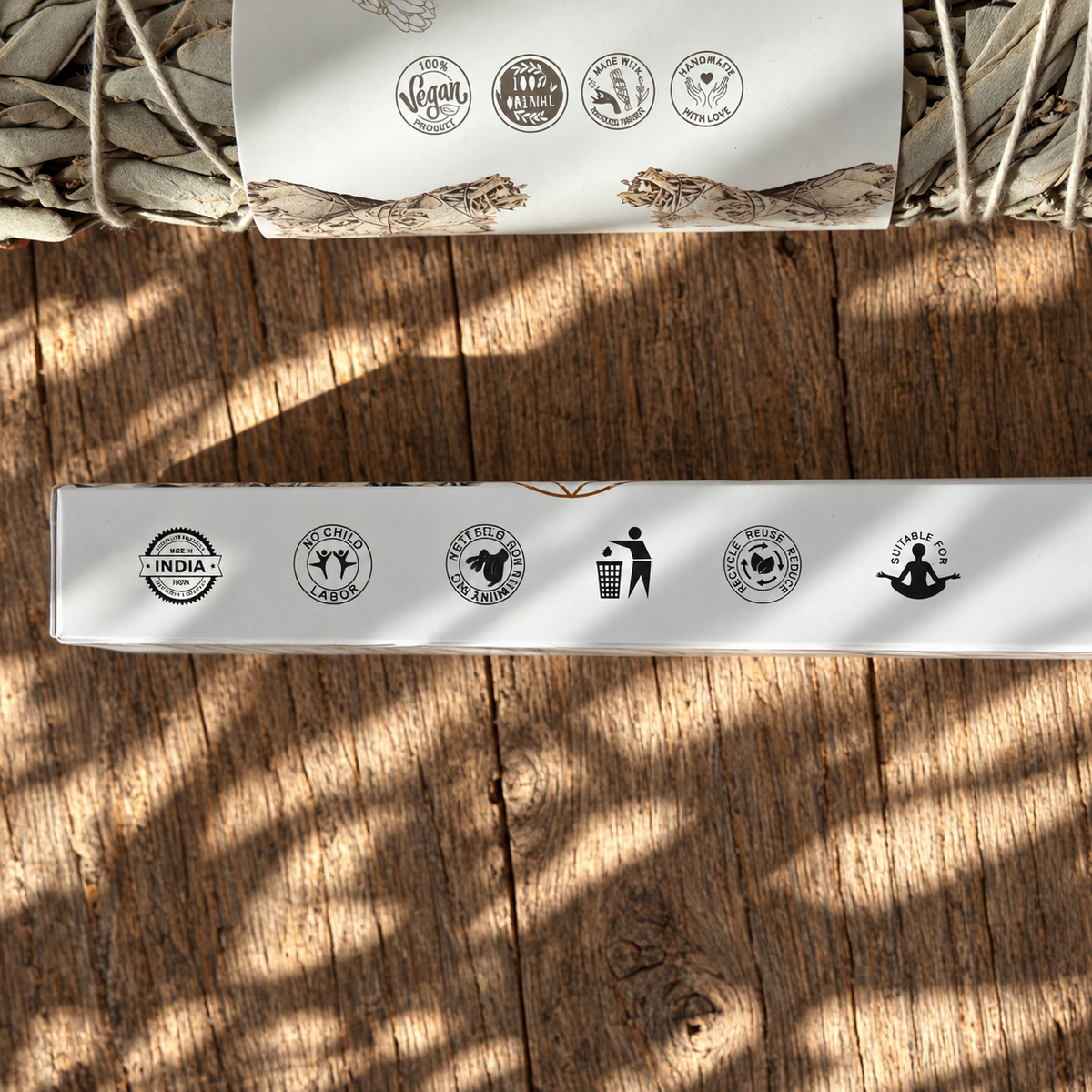 Packaging detail of White Sage Selenite incense and natural white sage smudge stick.