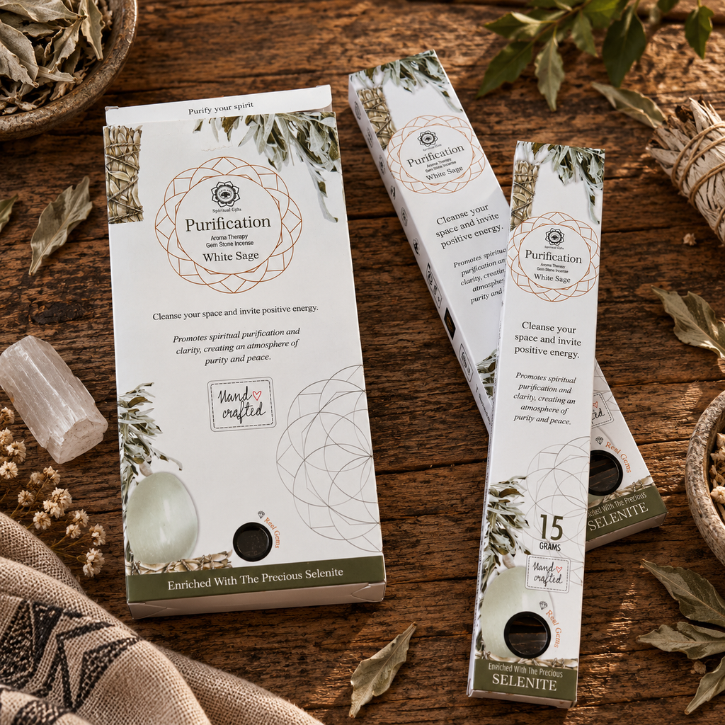 White Sage and Selenite Purification incense packaging with 12 handcrafted incense sticks, styled with dried sage and selenite