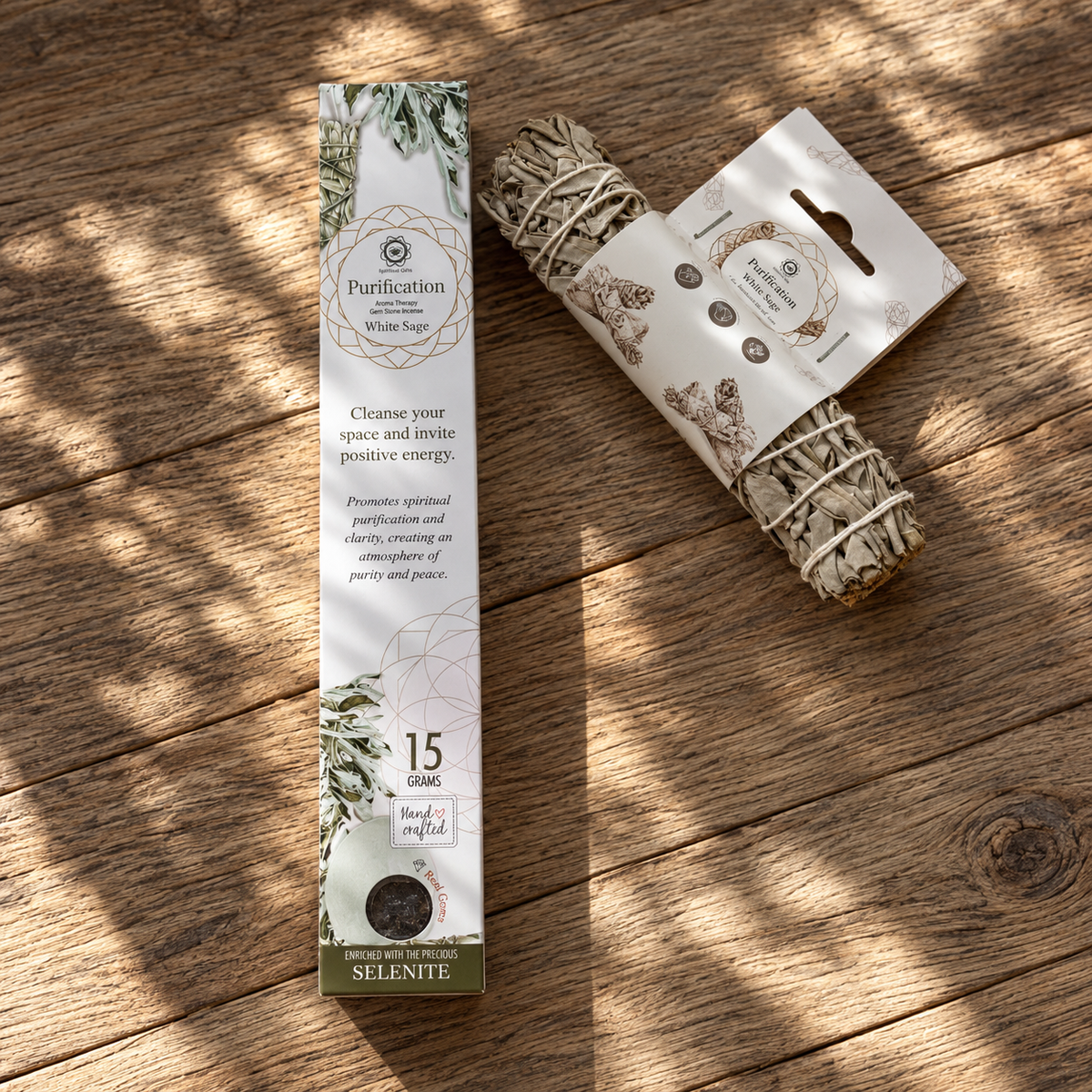 White Sage Florida Water Spray beside a packaged natural white sage smudge stick.