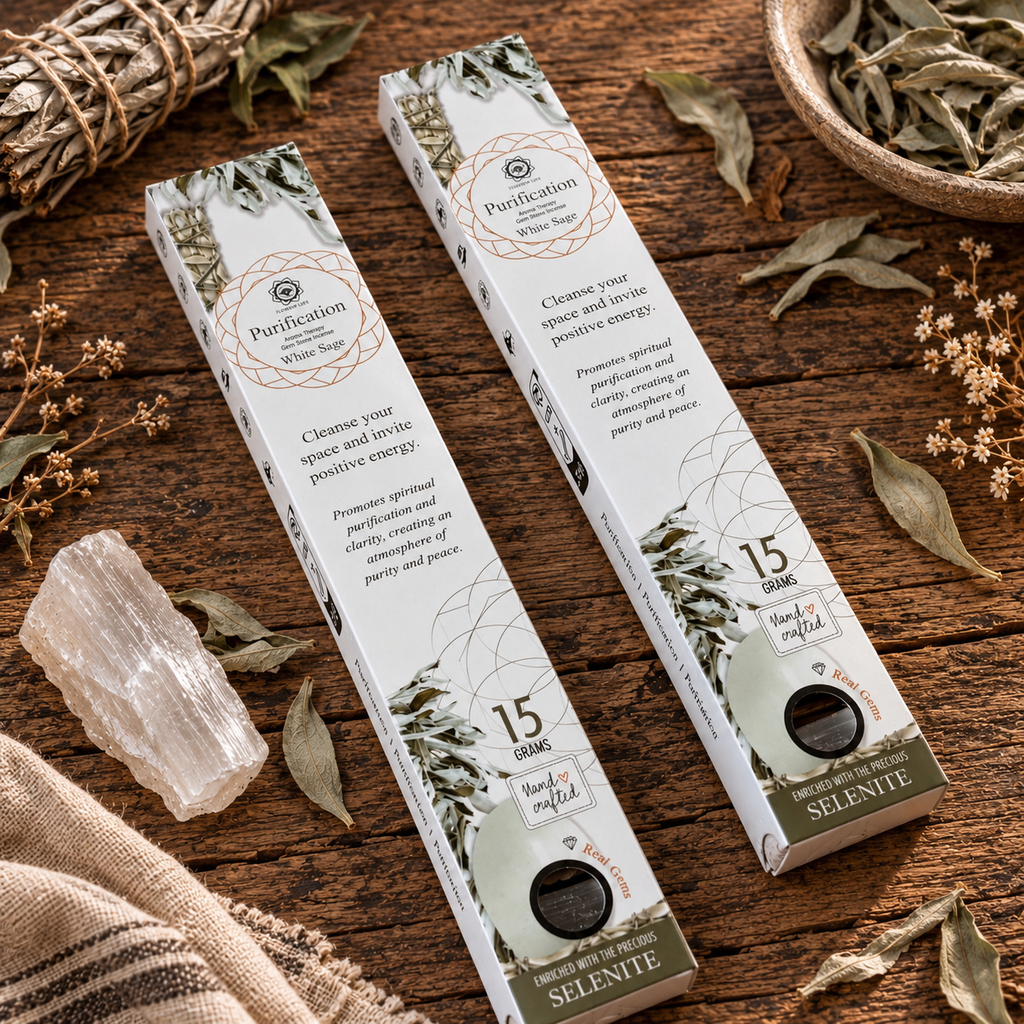 White Sage Purification incense with selenite, 15 g handcrafted incense boxes displayed with dried sage and a selenite crystal.